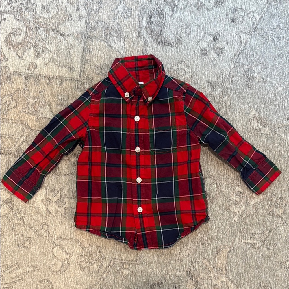 Janie and Jack Red and Green Plaid Holiday Button Down Shirt 6-12 months